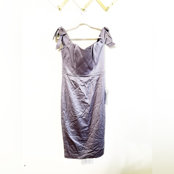 Dress The Population Verona Off the Shoulder Satin Midi Cocktail Dress Large - Picture 8 of 13